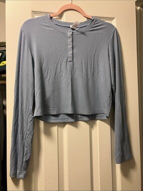 Yogalicious Pale Blue Cropped Henley Long-Sleeve Top